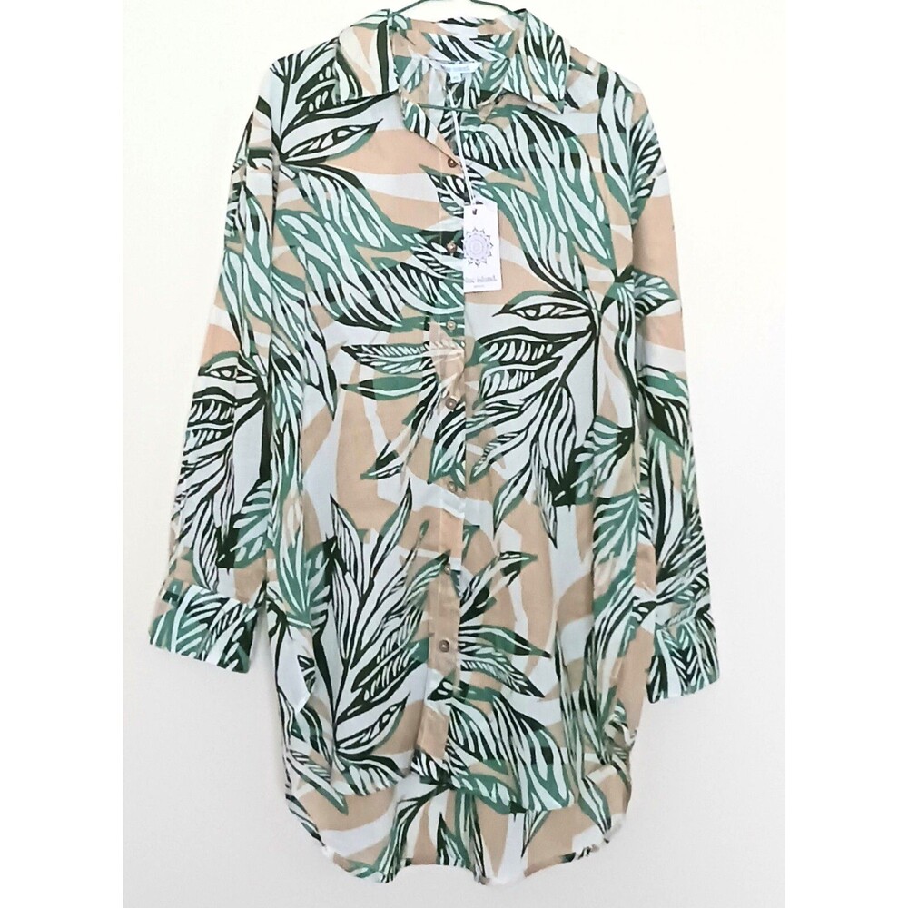 NWT Blue Island Beach Cotton Cover Up Green Leaf Print Button Front XS Loose Fit